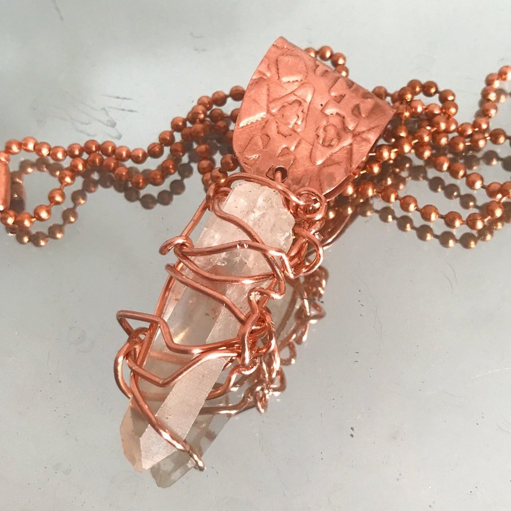Lemurian Quartz Crystal Copper Choker Pendant Handmade Rustic Wire Wrapped